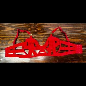 Red Strappy Bra with Gold Accents